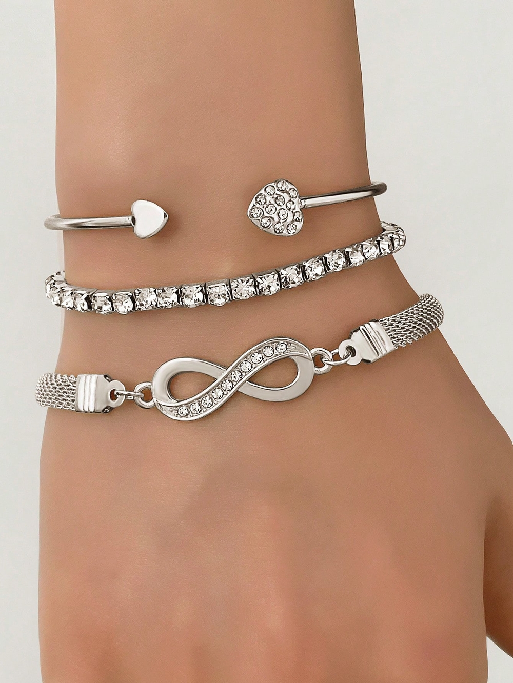 Silver Crystal Infinity & Heart Bracelet Set for Women